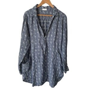 CP Shades Teton Linen Long Sleeve V-Neck Tunic Blue White Large Lagenlook